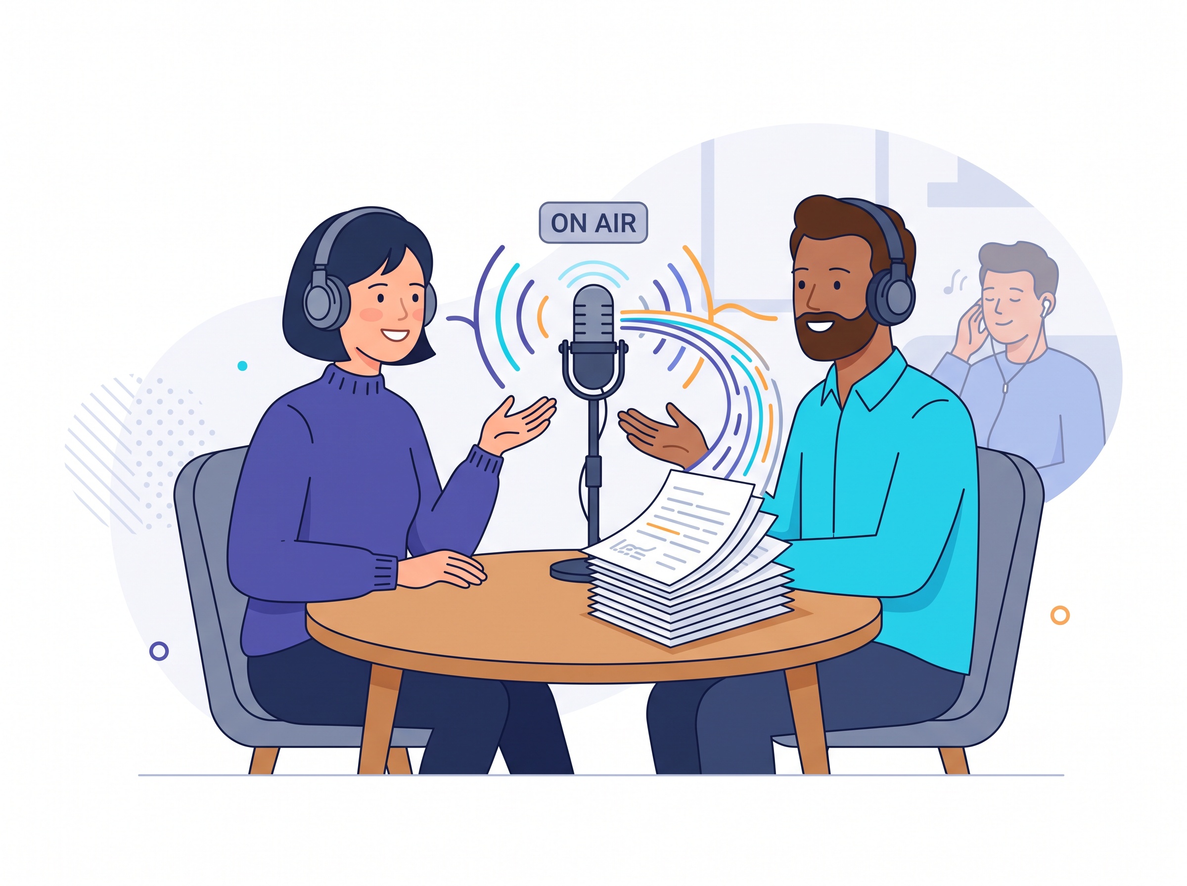 Two AI podcast hosts at a microphone with sound waves wrapping around a stack of documents