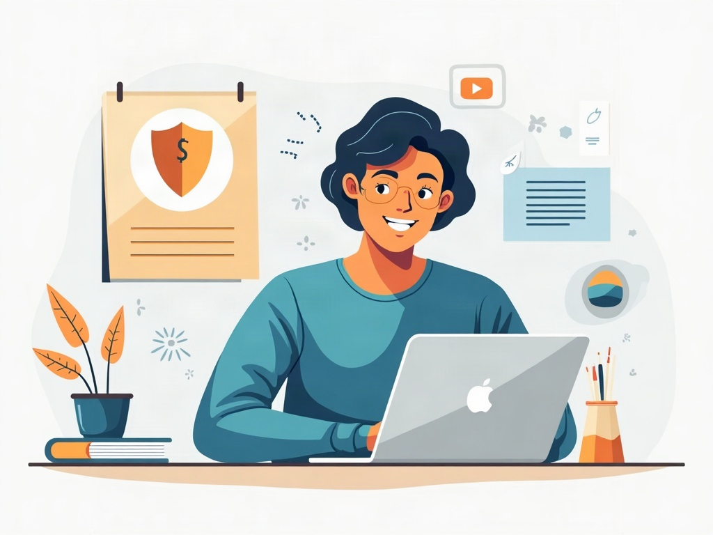 A confident person finishing work at a laptop with a friendly AI notebook and a subtle privacy shield
