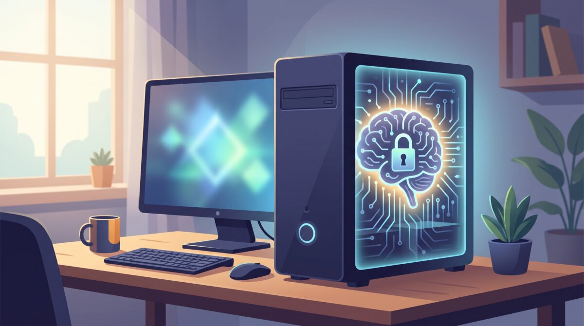 An ordinary desktop PC with a glowing AI brain motif kept inside the machine behind a padlock, suggesting private on-device AI