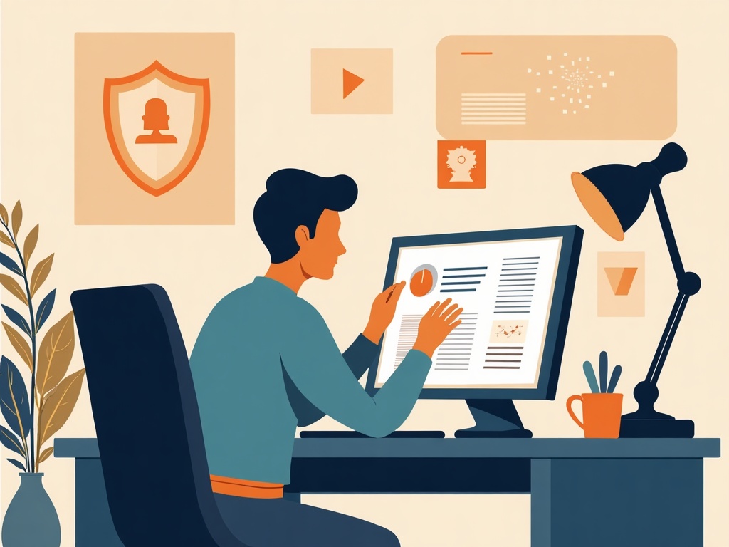 A small business owner calmly reviewing AI insights from their own private files with a privacy shield motif behind them