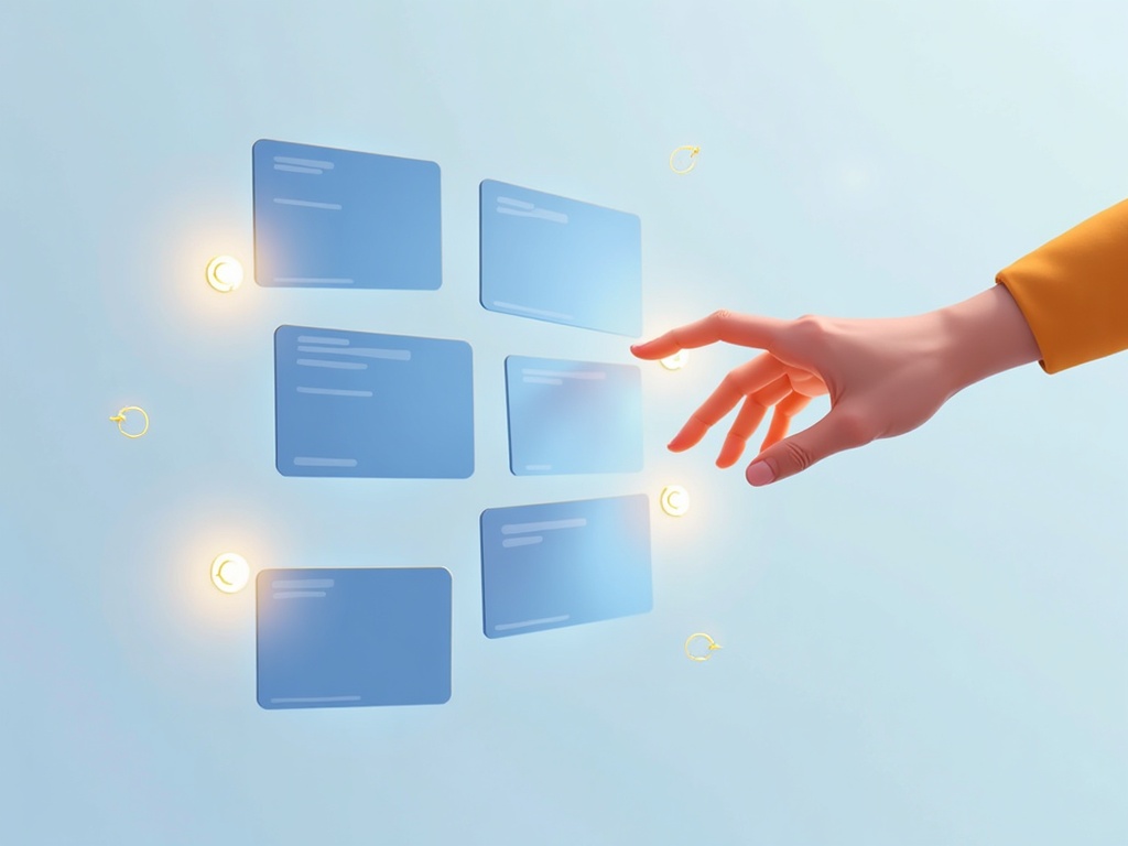 A hand flipping small privacy toggles off across a grid of blank app window cards, one platform at a time