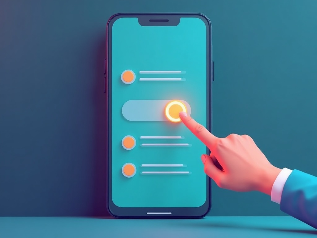 A stylized phone settings screen with one glowing off-switch highlighted and a fingertip about to tap it
