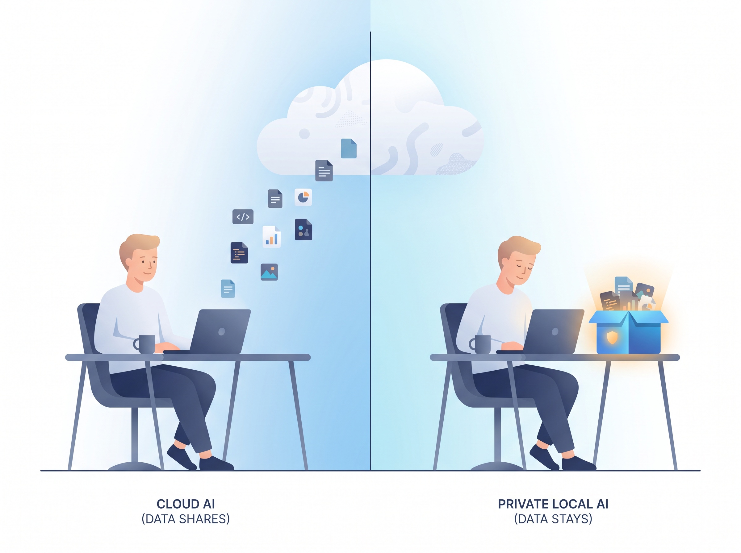 Split illustration: data floating up to a distant cloud on one side, data kept in a glowing box beside the person on the other