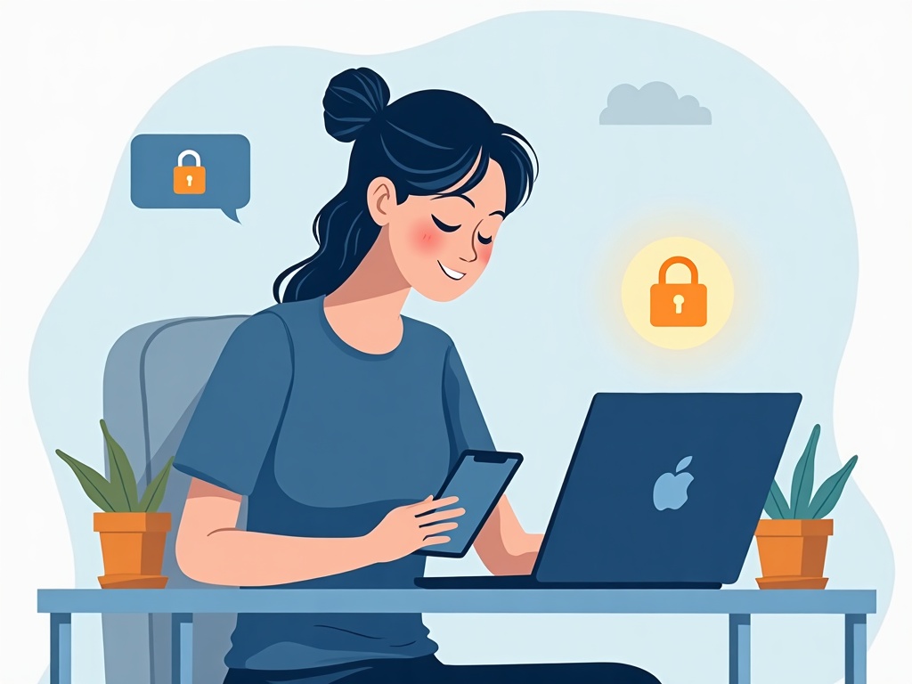 A relaxed, confident person using their devices with a small glowing shield icon beside them, in control of their privacy