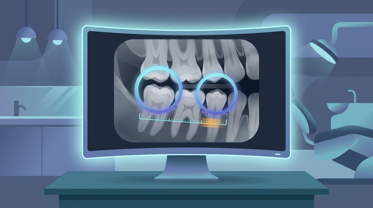 A dental bitewing X-ray on a monitor with AI color outlines over two teeth and a bone-level bracket