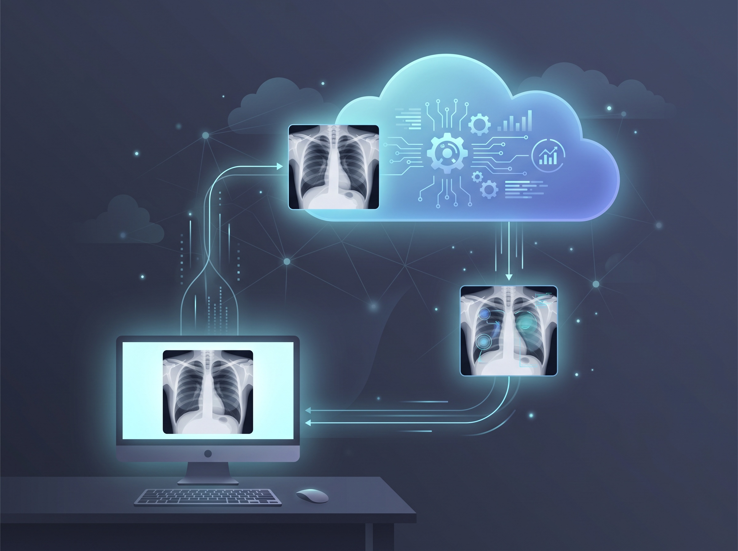 A dental X-ray going up to the cloud for AI analysis and returning with colored annotations