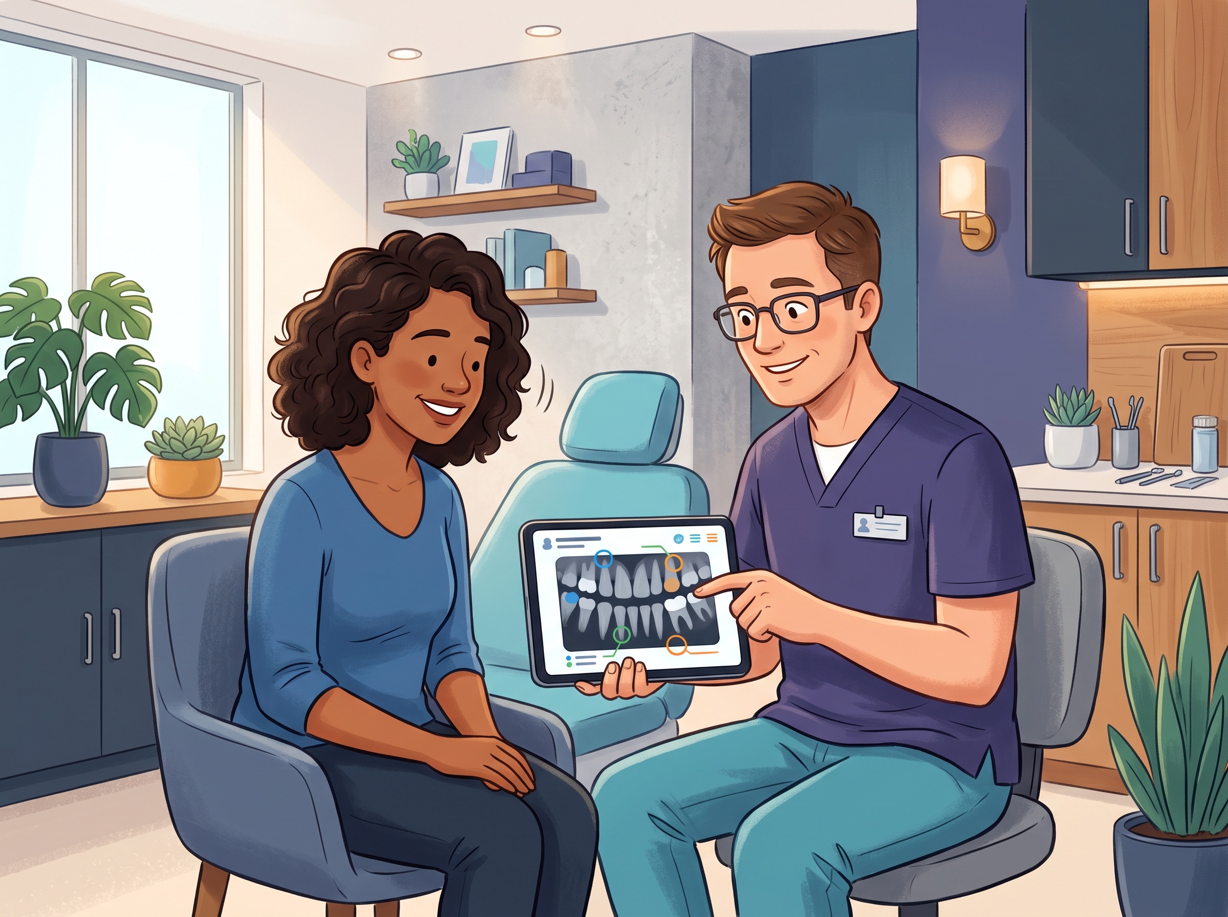 A dentist showing a patient an annotated X-ray on a tablet, the patient understanding the finding