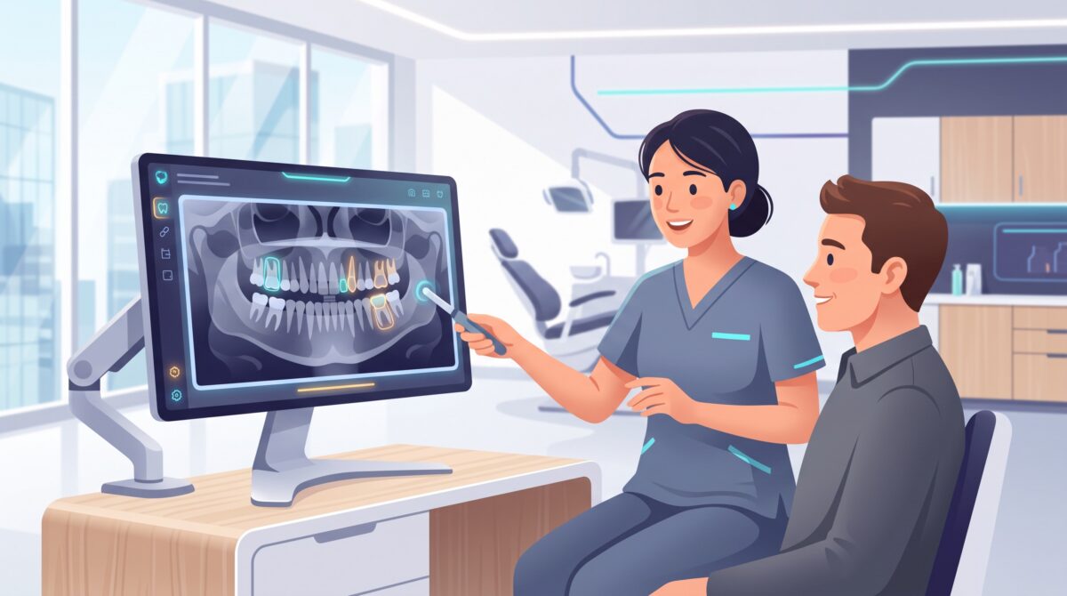 A dental X-ray on screen with AI-highlighted spots on the teeth, a dentist and patient looking at it together