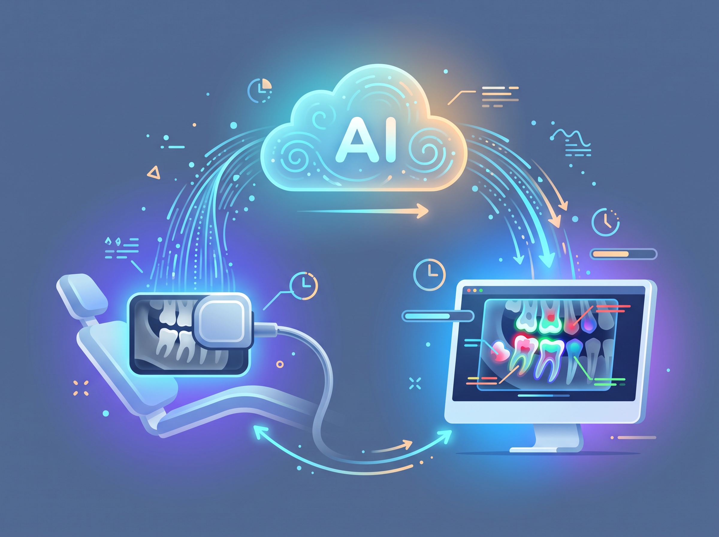 Illustration of a dental X-ray being captured, analyzed by AI in the cloud, and returned with colored highlights in seconds