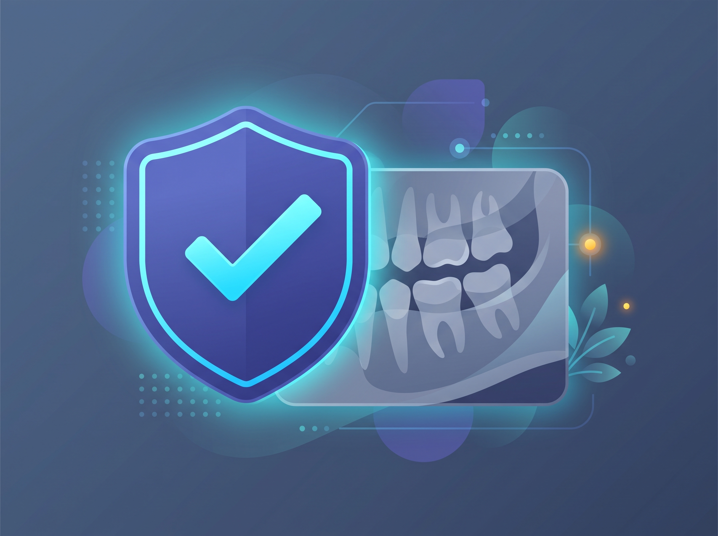 A shield with a checkmark next to a stylized dental radiograph, representing FDA clearance and trust