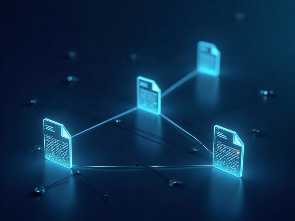 A row of document tiles passing a glowing seed of hidden instructions from one file to the next like a chain reaction