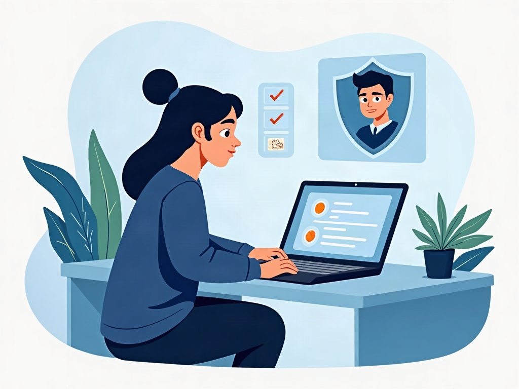 A person calmly reviewing an AI assistant on a laptop with a protective shield and a floating checklist of approval checkmarks