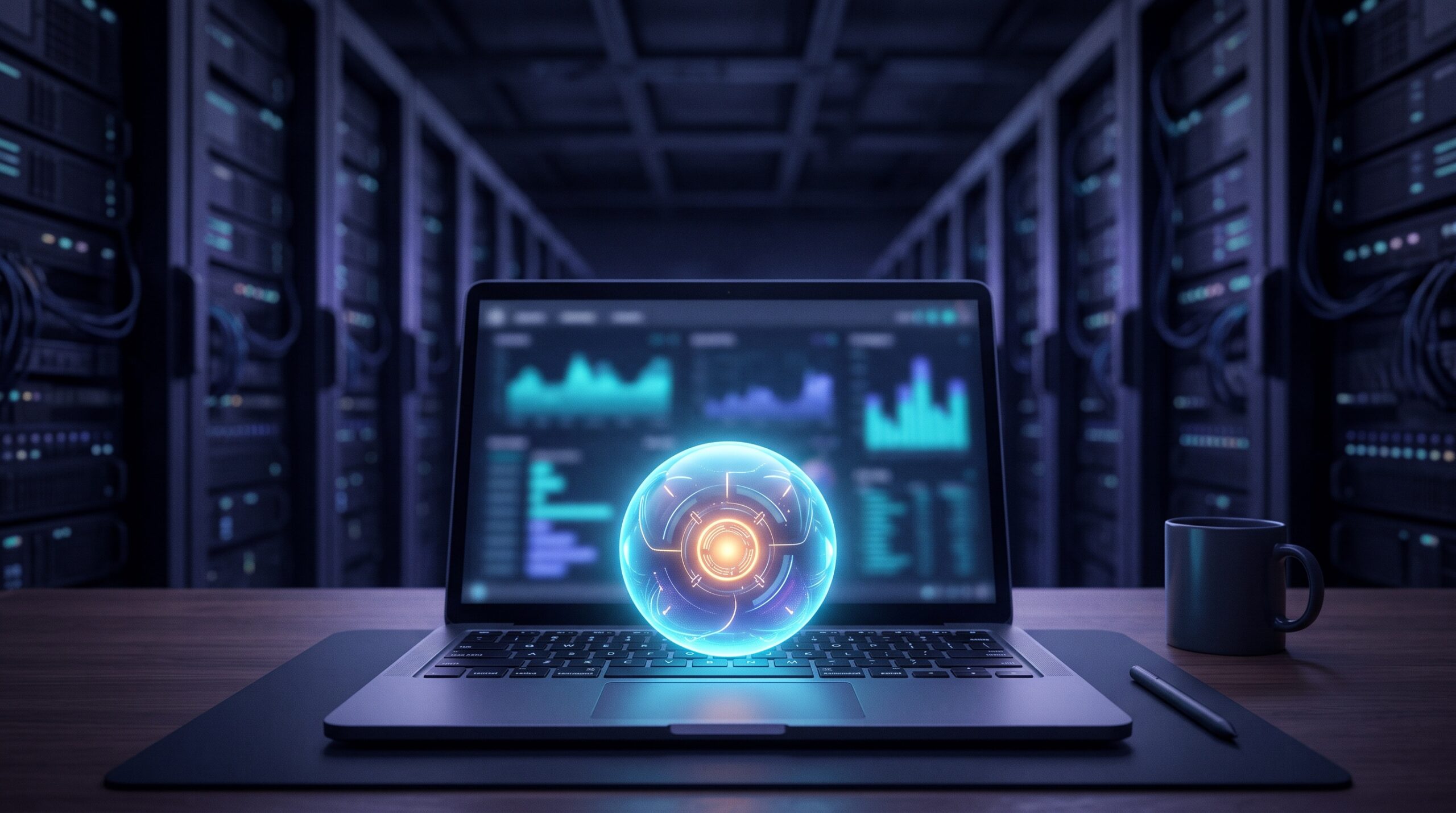 A small glowing AI running on a laptop, dwarfing a distant datacenter