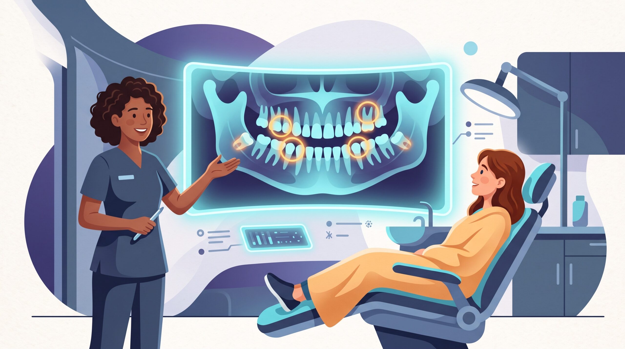 A dentist and patient reviewing a dental X-ray on a screen with AI highlights over a few teeth