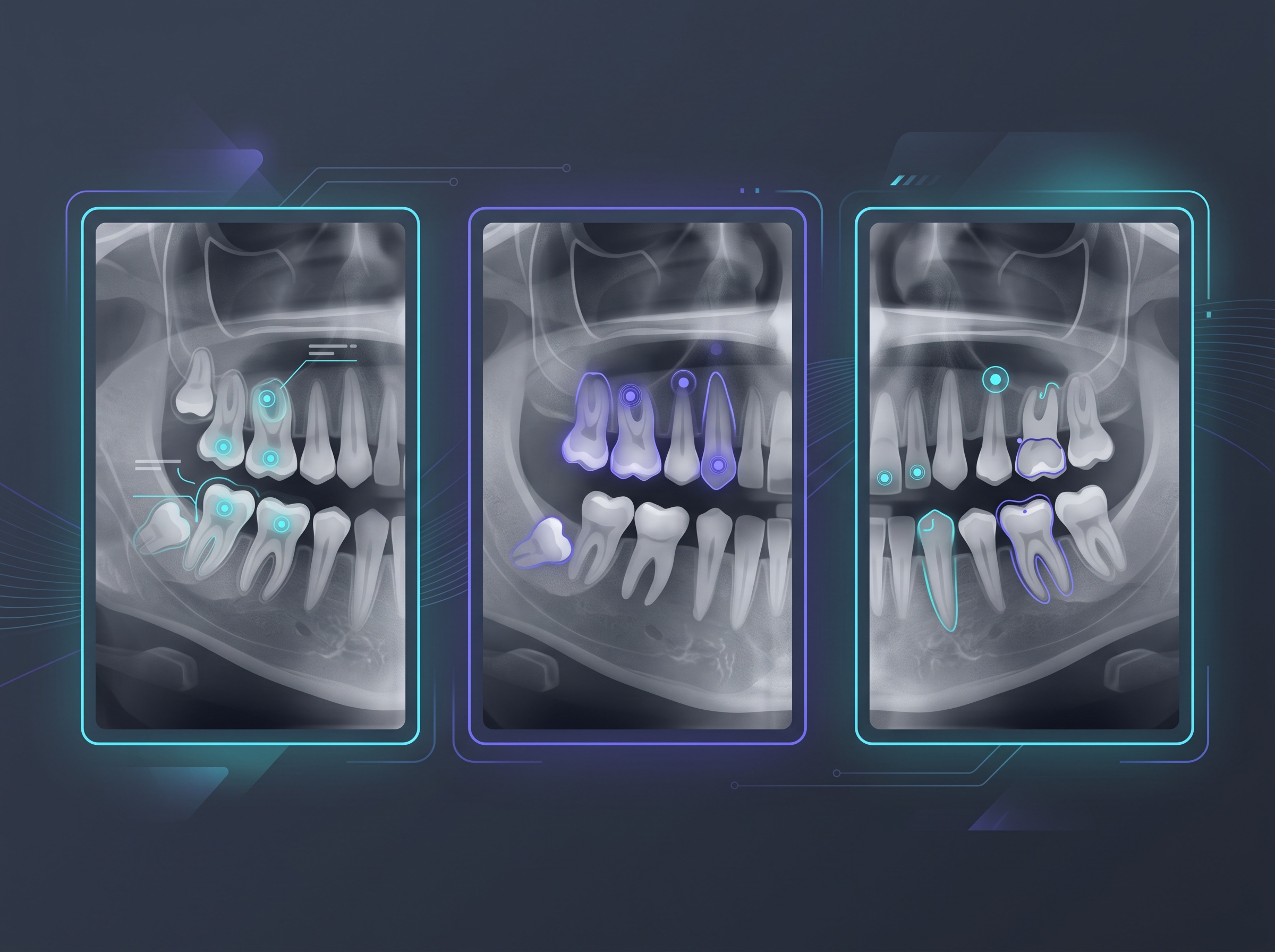 Three dental radiograph panels side by side with AI outline markers over teeth