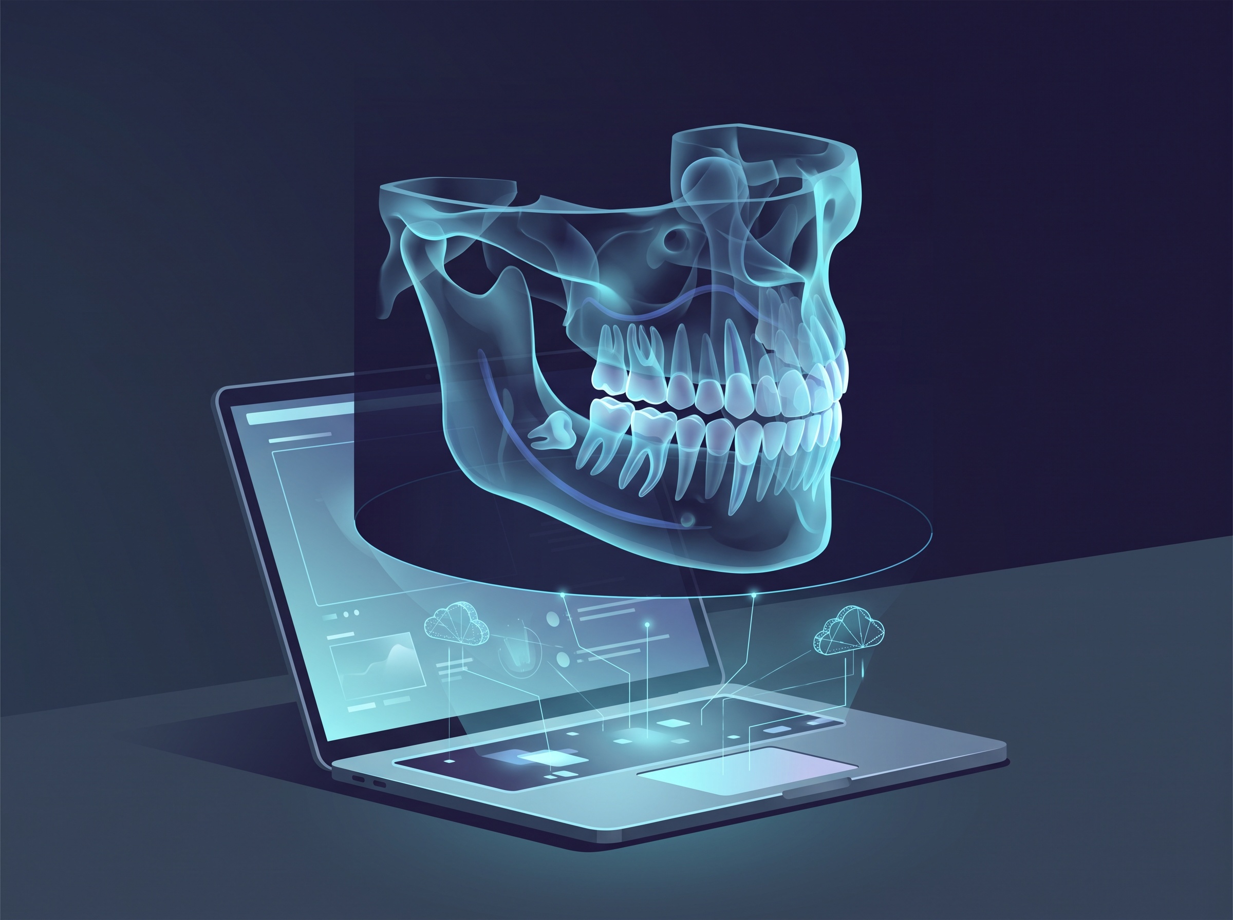 A translucent 3D CBCT jaw scan floating above a laptop connected to the cloud