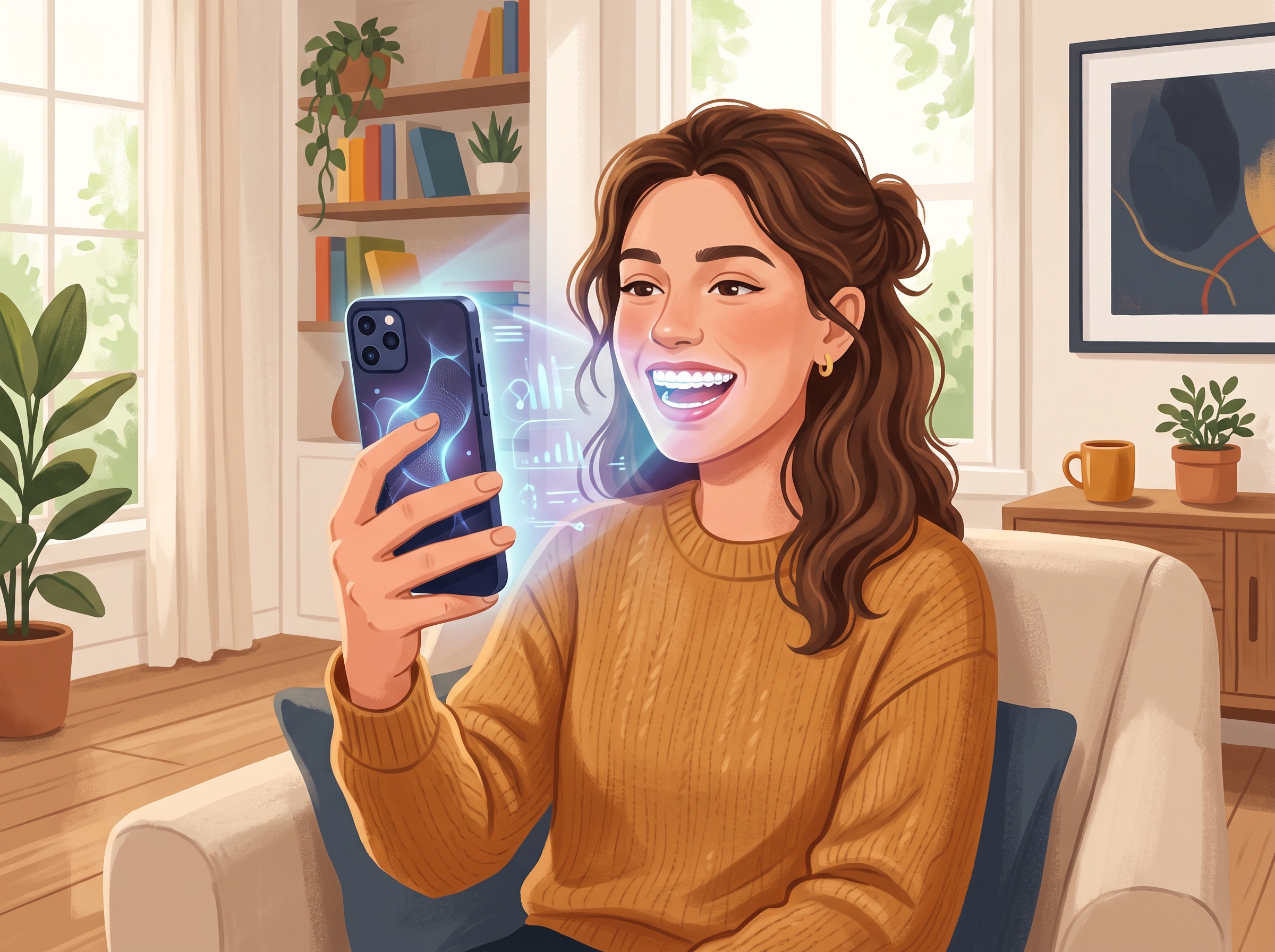 A person at home using a smartphone to take a guided photo of their teeth for AI monitoring
