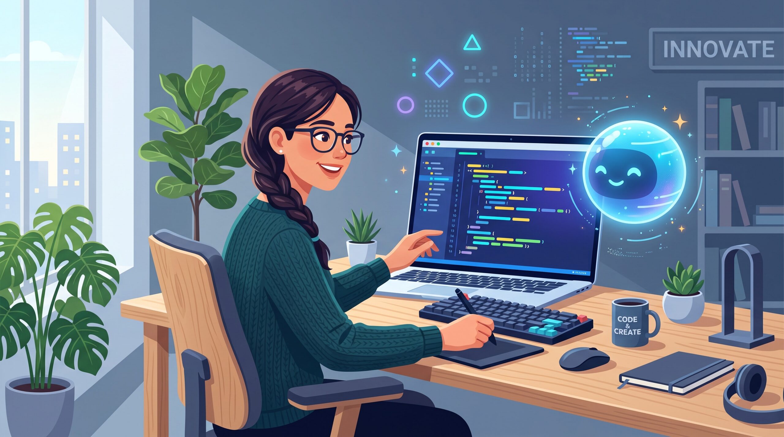 Developer reviewing AI-generated code alongside a glowing AI assistant