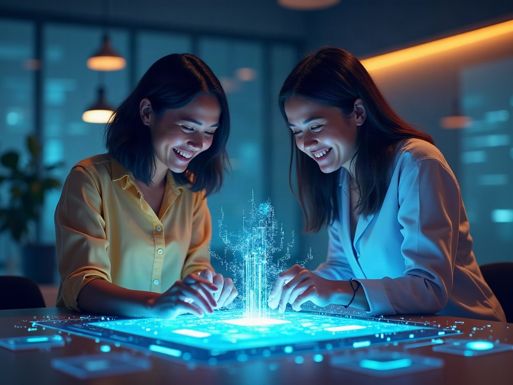 Two developers collaborating with an AI assistant on code review