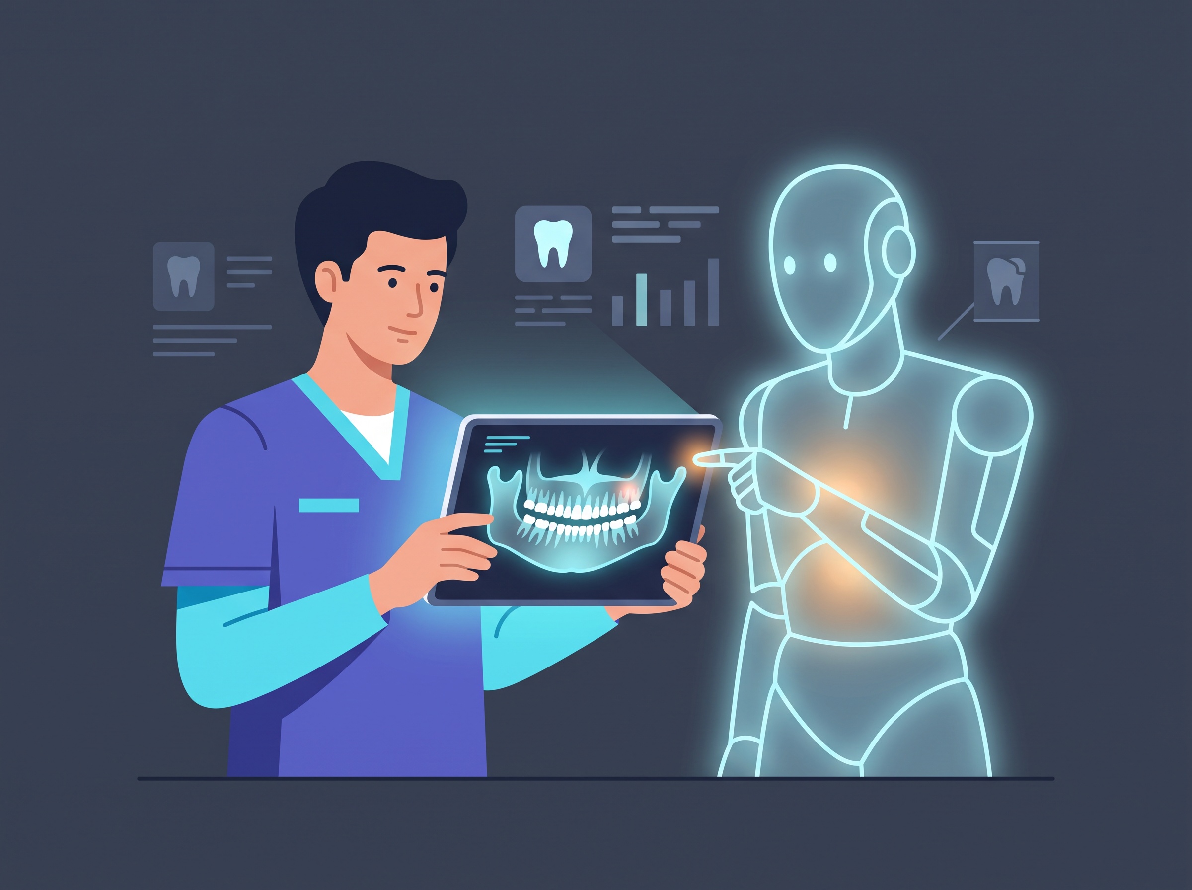 A dentist and an AI assistant reviewing the same X-ray together