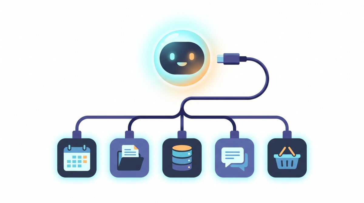 A central AI orb connected by one universal cable that branches to tiles for a calendar, files, a database, chat, and shopping
