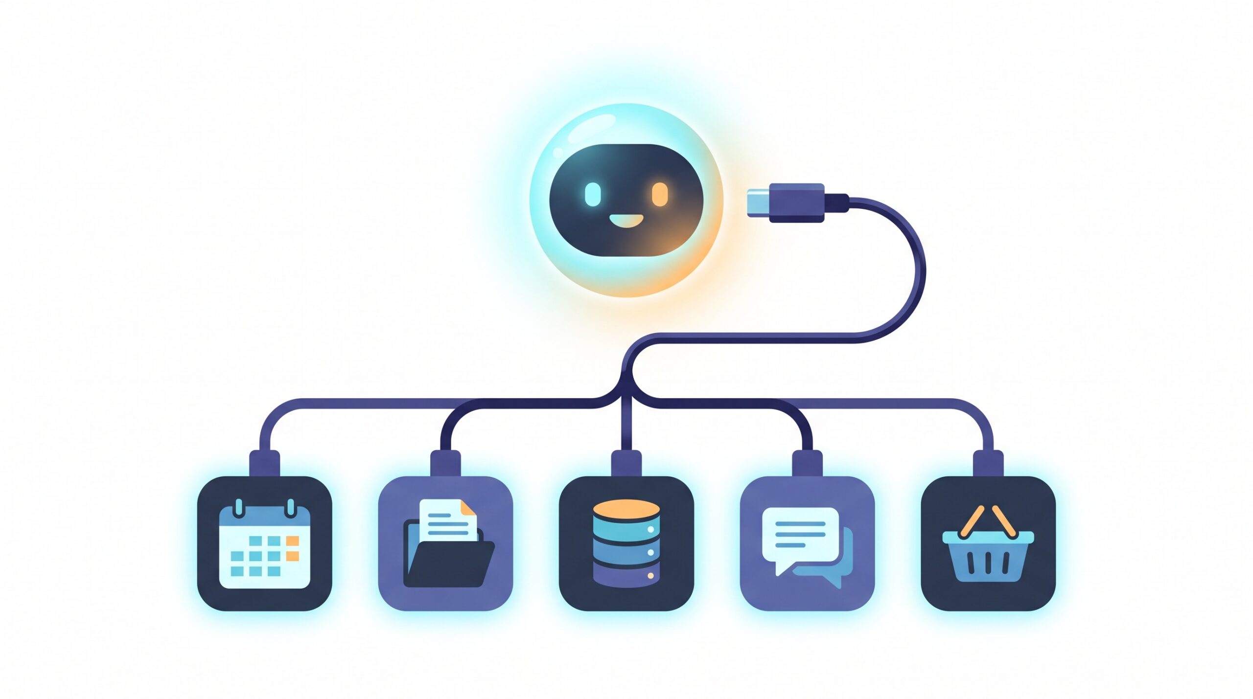 A central AI orb connected by one universal cable that branches to tiles for a calendar, files, a database, chat, and shopping