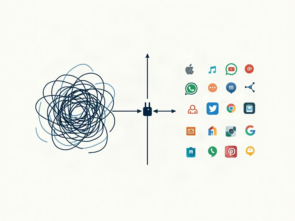 A tangle of many custom cables on the left simplifies into a clean single-standard connection through a central hub on the right