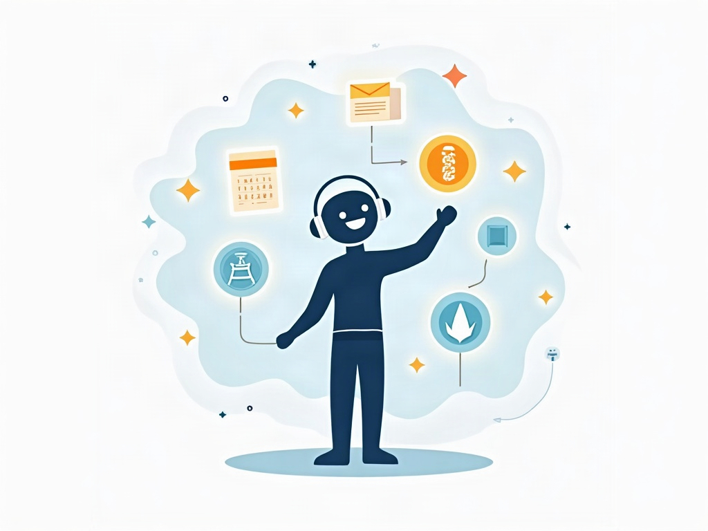 A friendly AI figure with several glowing hands each interacting with a calendar, email, document, code, and map icon