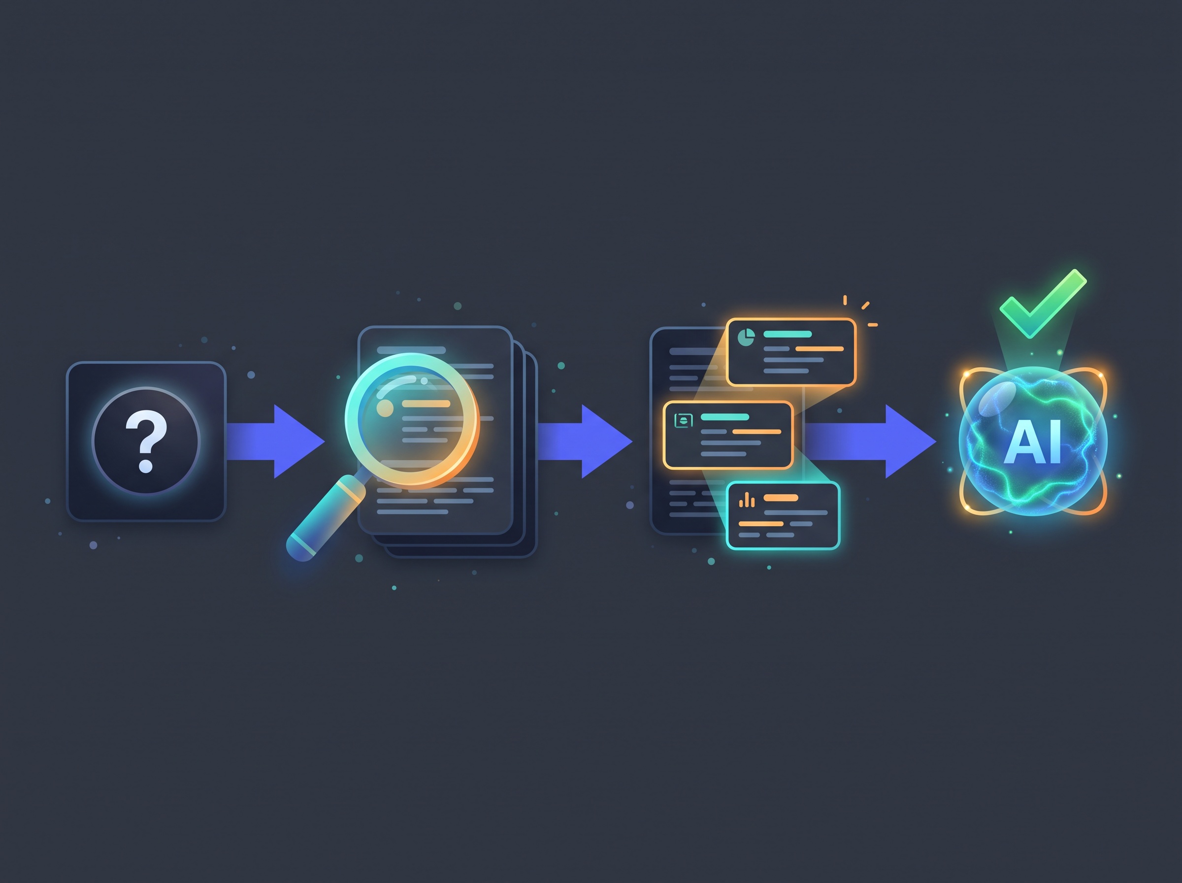 The four steps of RAG: question, search, retrieve relevant snippets, then answer