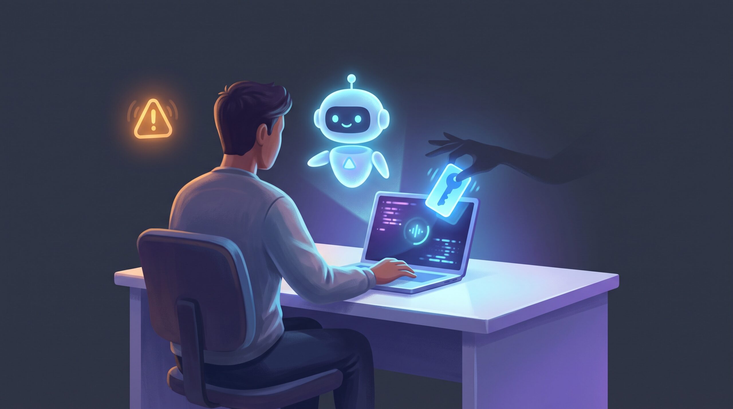 A shadowy hand quietly lifting a glowing session-token card out of a person's laptop while they work, unaware