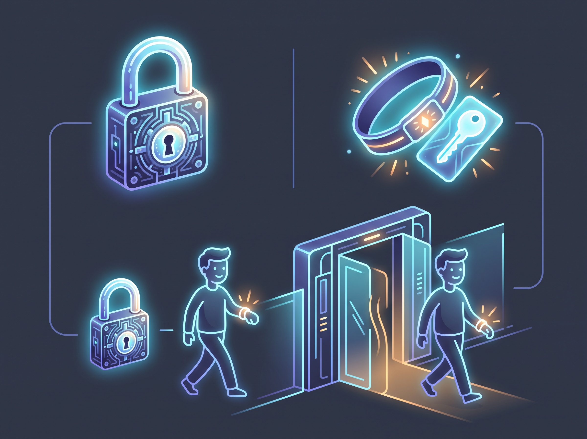 A figure waving a glowing session wristband through a gate that ignores a padlock, illustrating a session token skipping the password