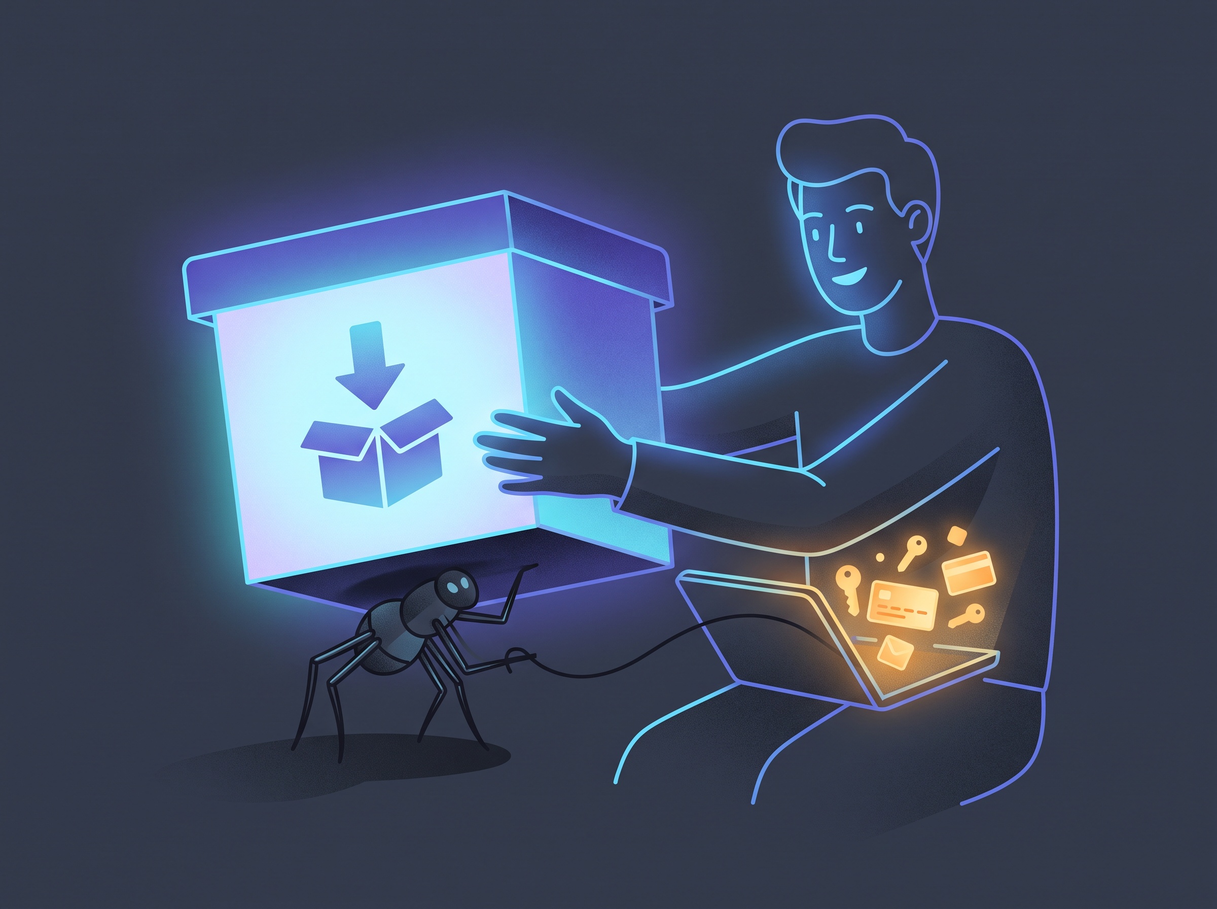 A friendly download box with a small dark creature hidden inside reaching toward a folder of glowing keys, illustrating infostealer malware