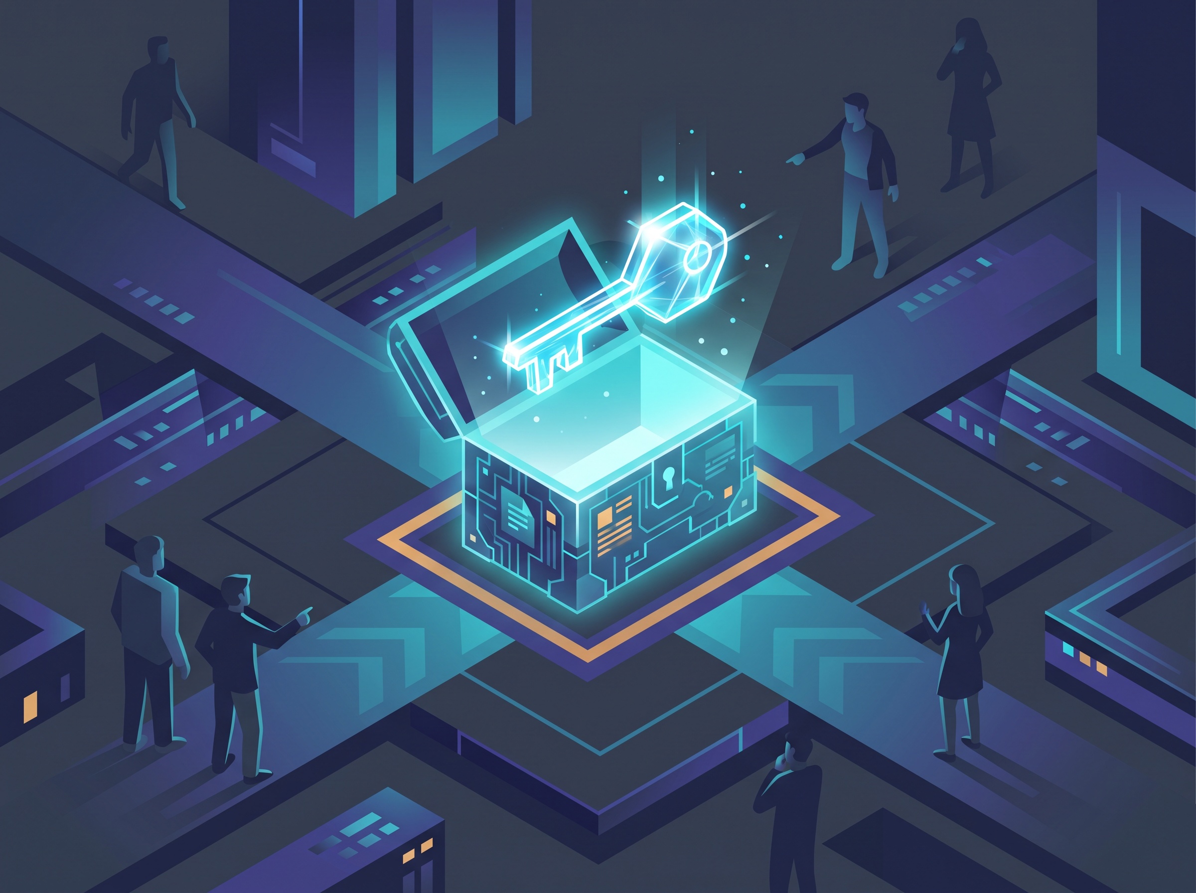 A glowing key left on an open box of documents in a public space, illustrating an API key accidentally exposed in public code