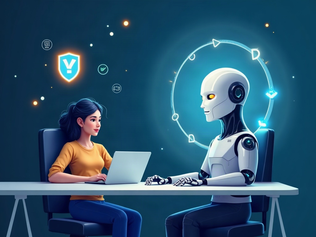 A person working calmly with an AI co-pilot inside a protective ring of light with shield and refresh symbols, illustrating secured AI accounts