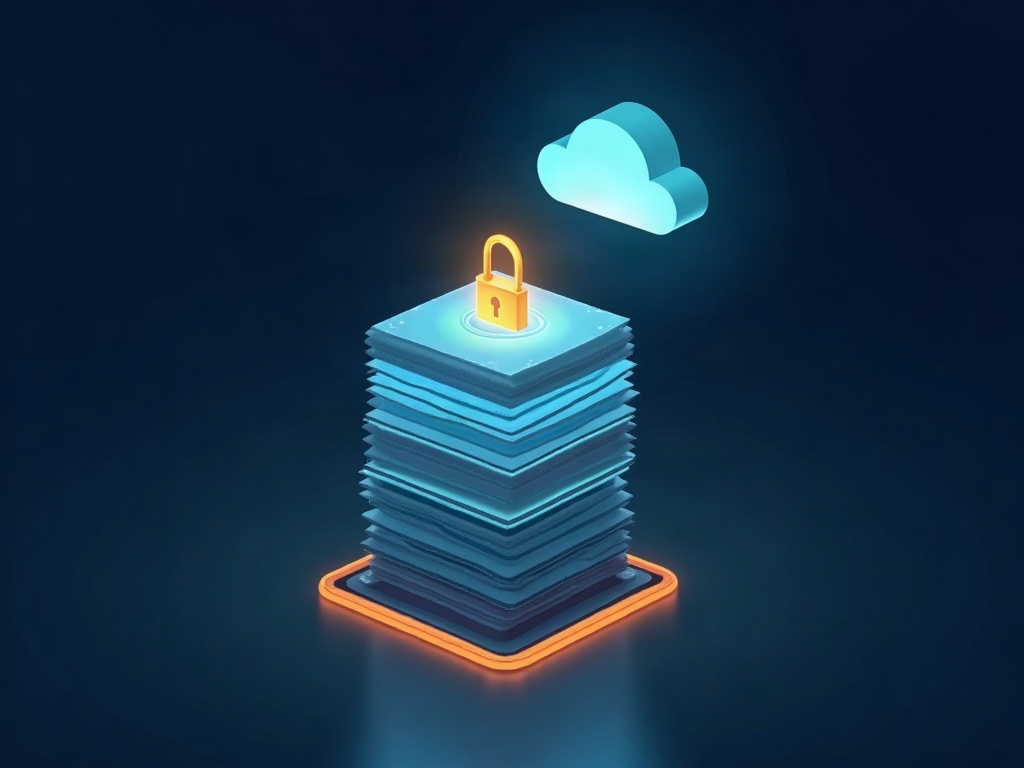 A glowing archive box of layered history floating up to a cloud that holds the only padlock