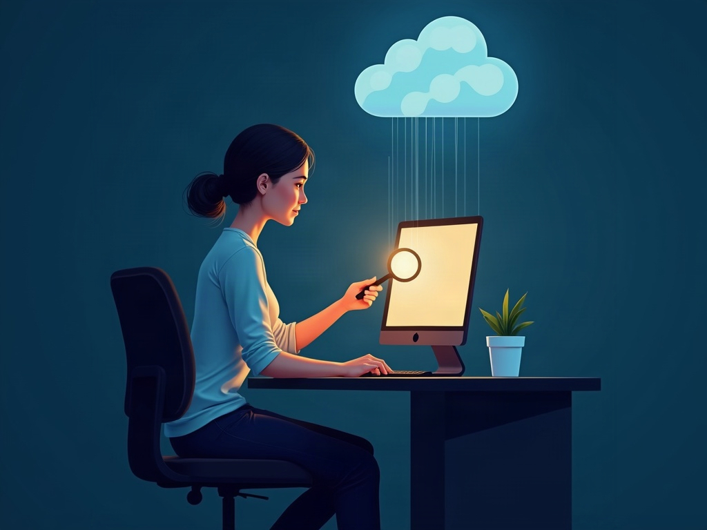 A person calmly inspecting a stream of outgoing data with a glowing magnifying lens