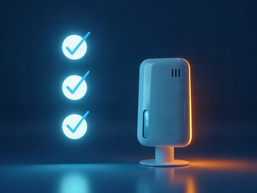 An abstract glowing checklist of check-shapes lighting up beside a small shielded computer