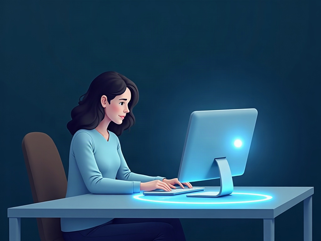 A person working with a small local AI orb inside a protective ring of light around their computer