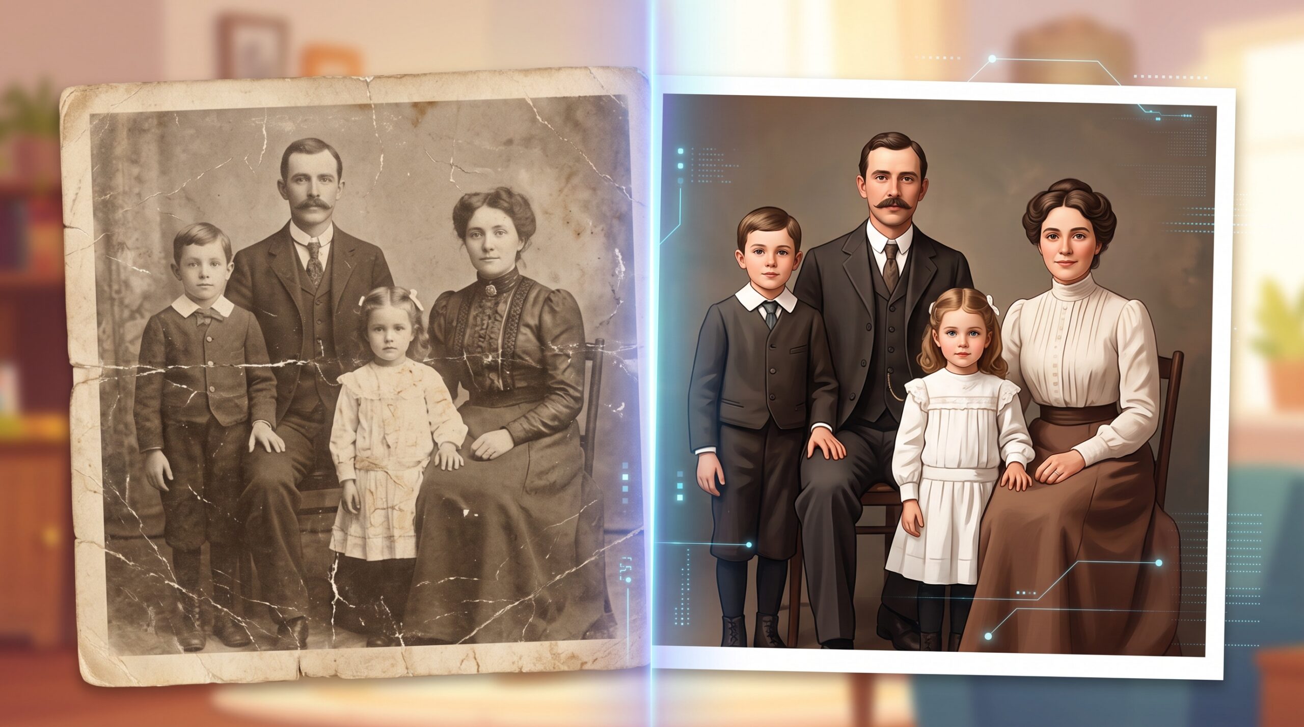 A faded cracked old family portrait on the left transformed into a clear restored version on the right