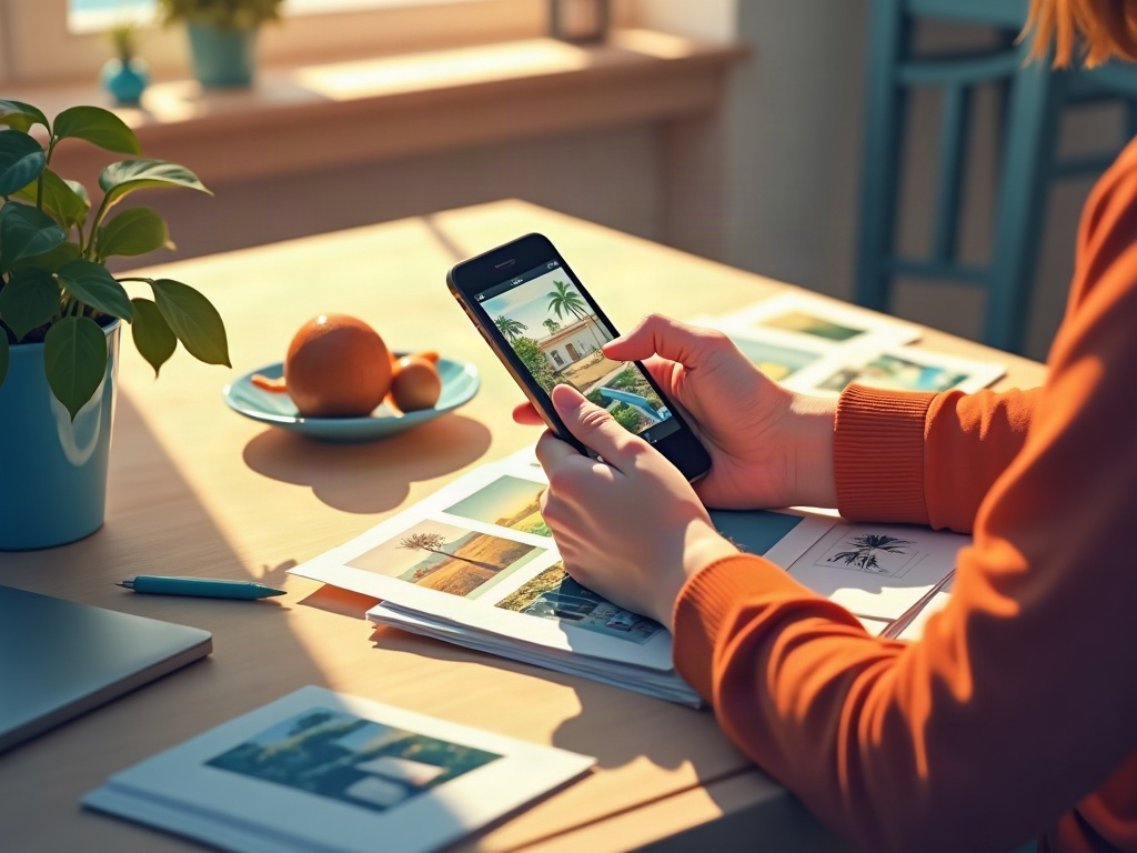 A person scanning old printed photos with a smartphone at a kitchen table
