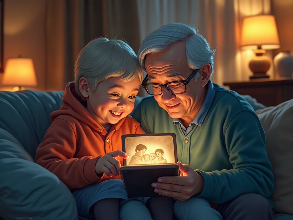 A grandparent and grandchild viewing a restored family photo together on a tablet