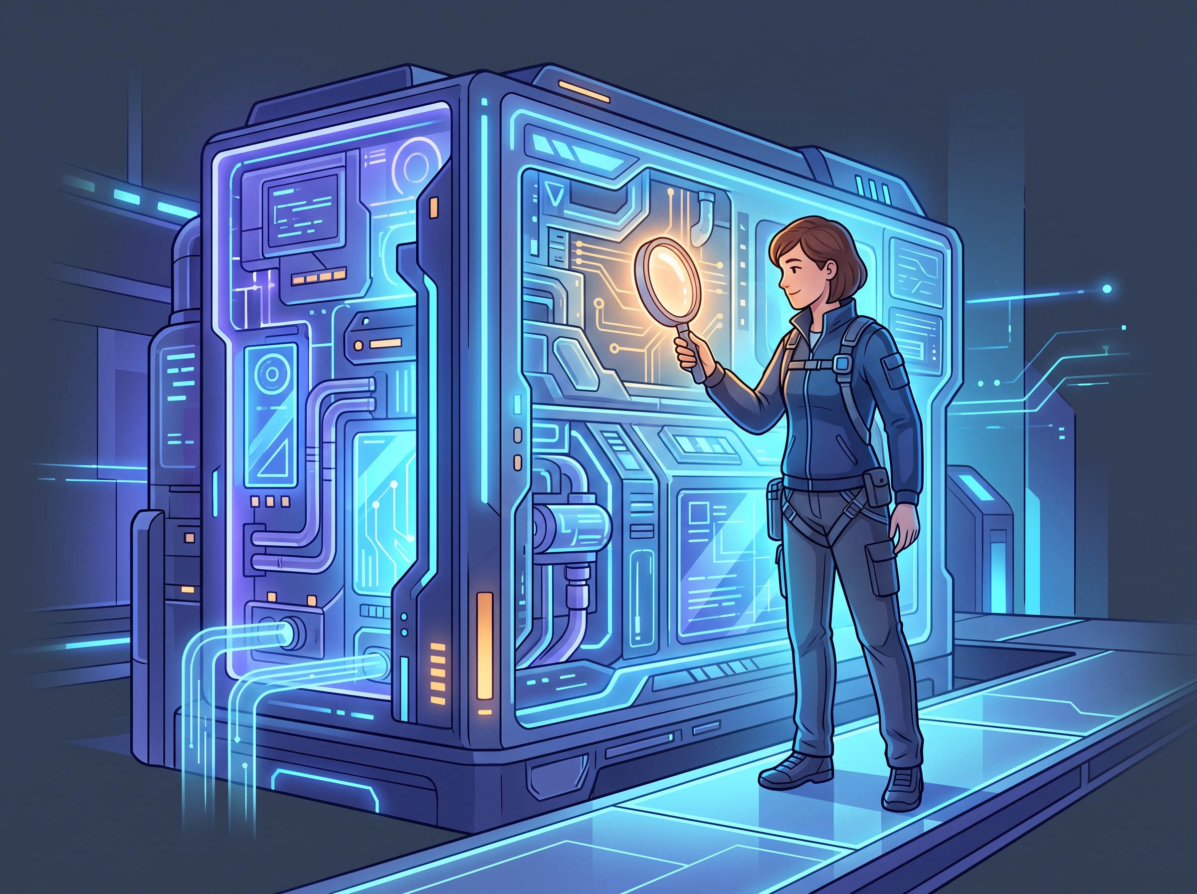 An independent figure holding a glowing lens up to inspect a large luminous machine from the outside
