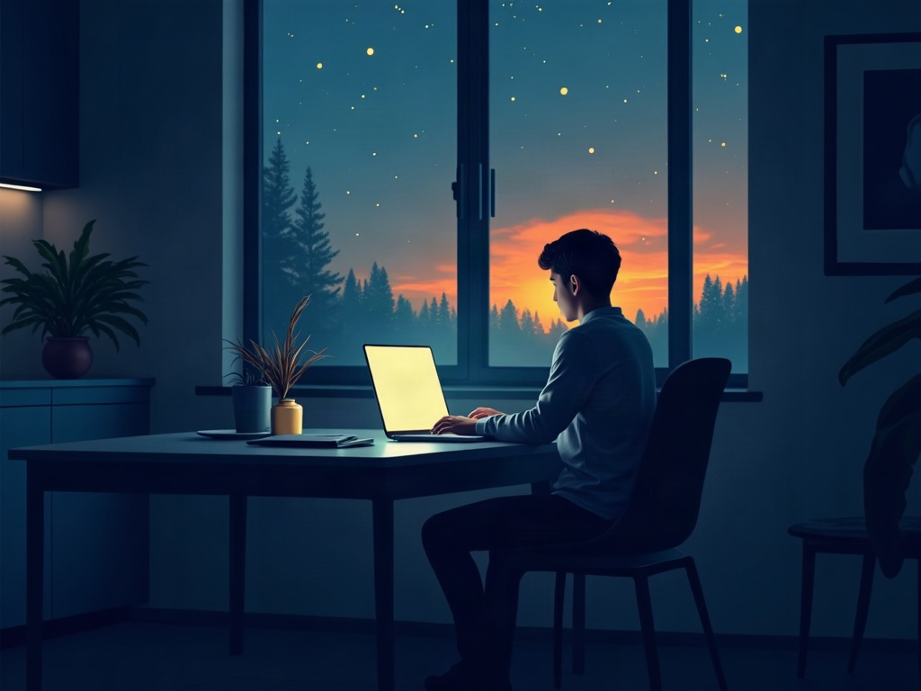 A calm person using a softly glowing laptop at home while a distant glow of debate sits on the horizon