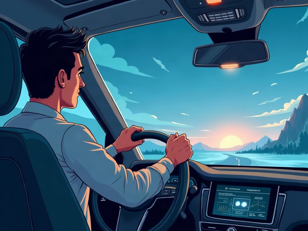 A person with both hands on a glowing wheel of light, confidently steering through a bright open landscape