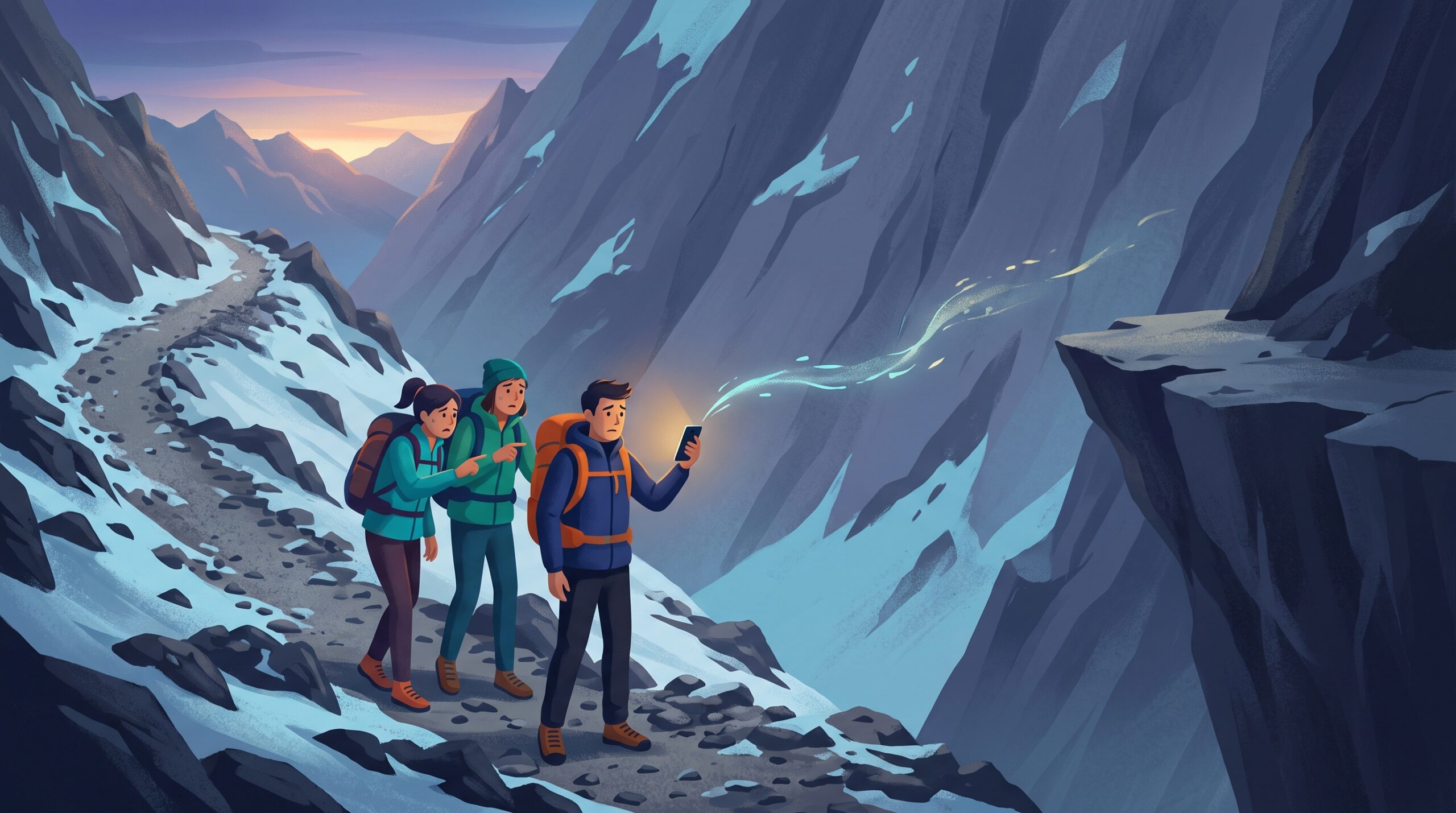 Hikers on a huge mountain at dusk following a faint glowing trail of light from a phone toward a dangerous ledge