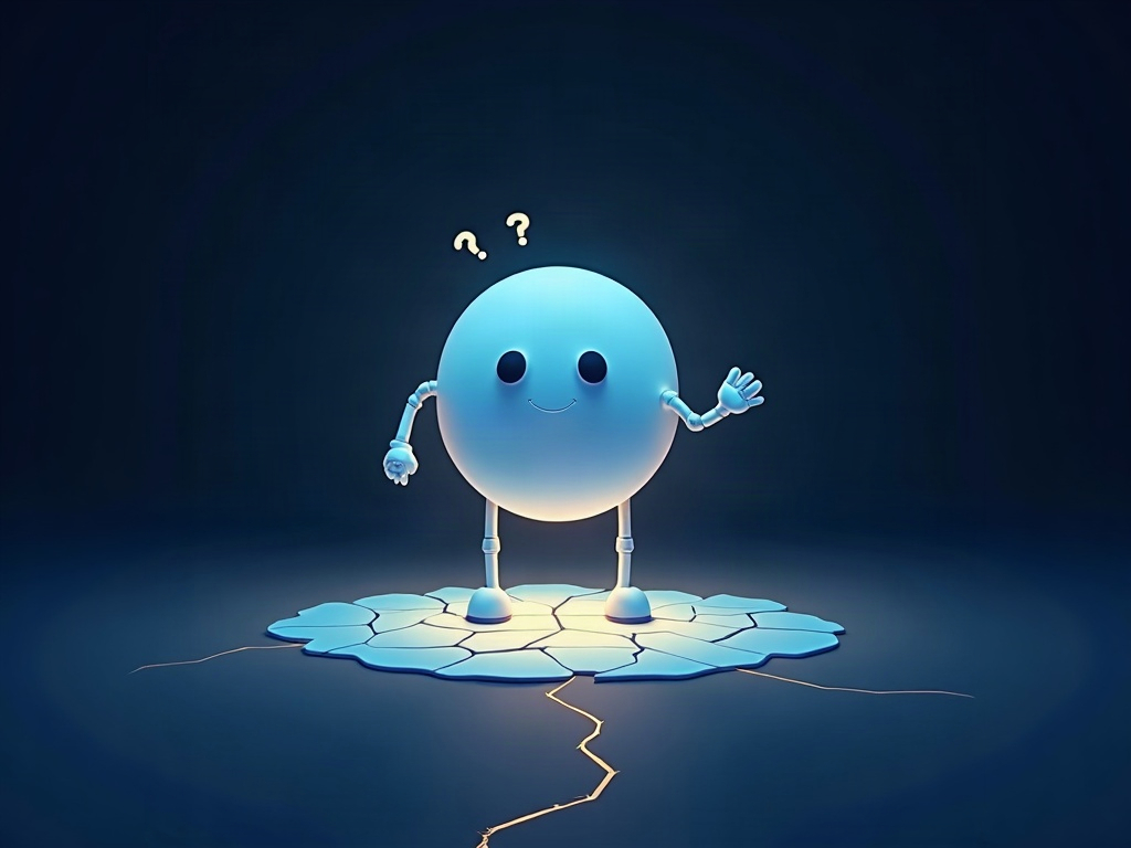 A confident glowing AI presenting a tidy plan while standing on a thin cracked crust over empty space