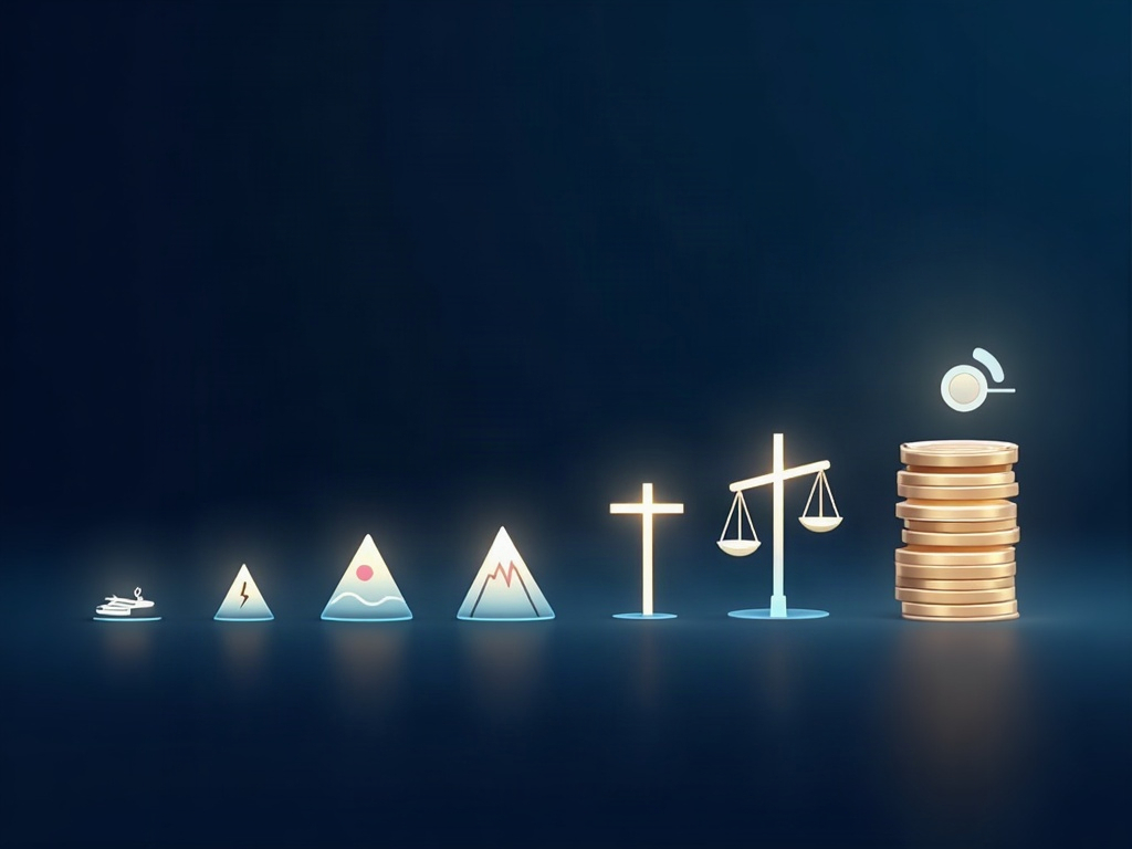 A rising row of glowing icons from a recipe to a mountain, medical cross, legal scale and coin stack, showing rising stakes