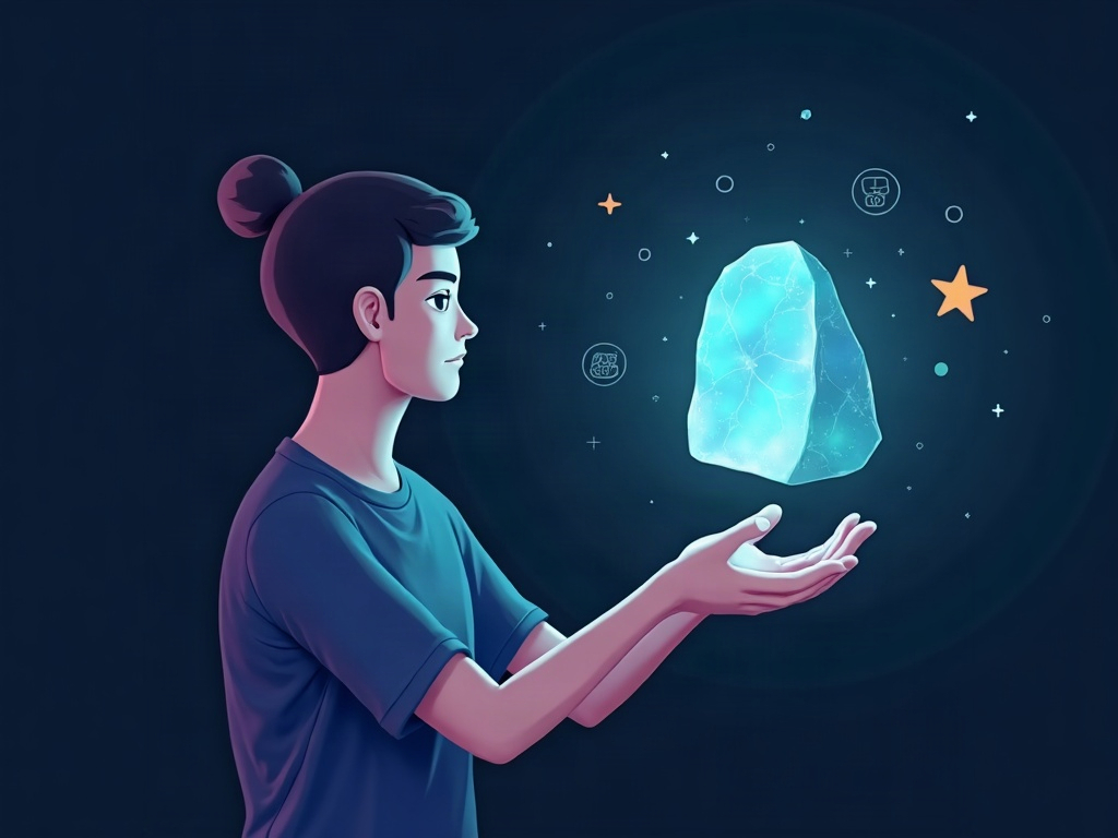 A person comparing a glowing AI draft against a solid trusted anchor of light, illustrating verifying AI against ground truth