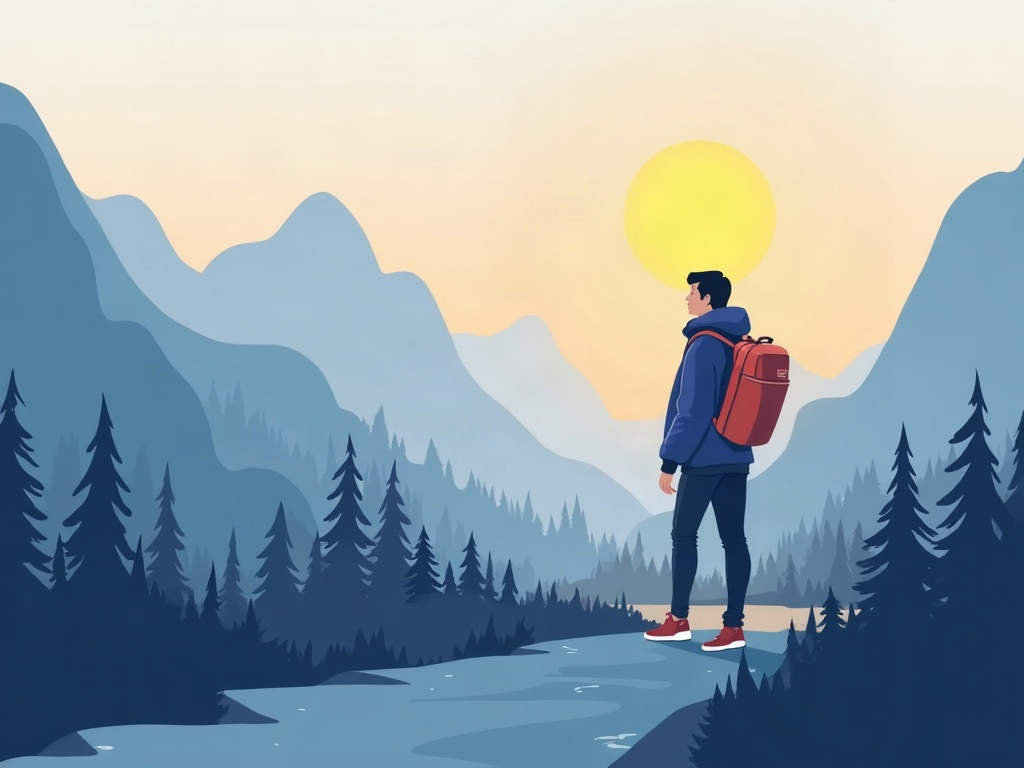 A well-prepared person setting off at sunrise, calm and ready, illustrating AI as a helpful verified co-pilot