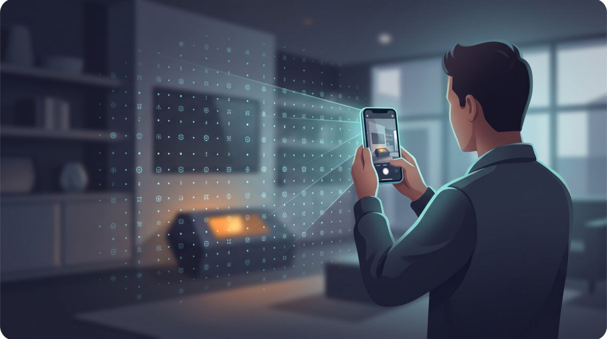 A person aiming a phone that overlays a glowing grid of tiny signature seals onto the real scene it is capturing